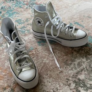 Converse High Top Platform Sneakers - Metallic Silver & White No Box